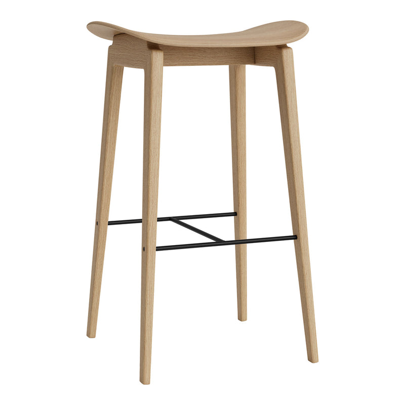 Light wooden bar stool with a smooth finish and minimalist design, featuring natural wood tones and a sleek black footrest.