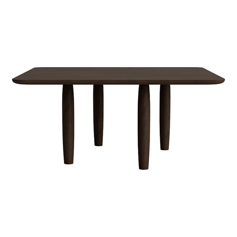Dark brown rectangular table with smooth surface and rounded edges, supported by tapered legs.