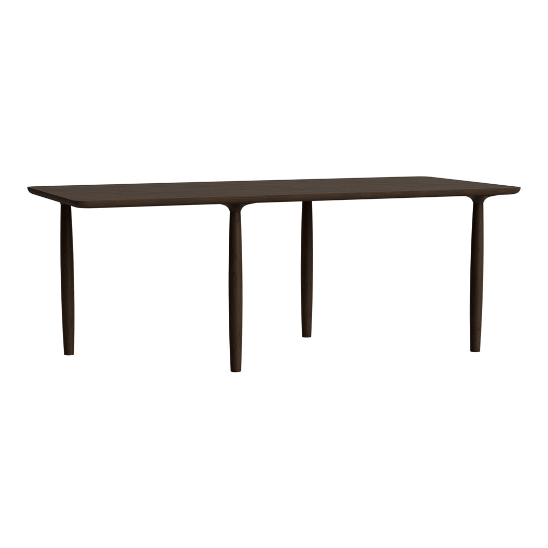 Dark brown rectangular dining table with smooth surface and minimalist design, perfect for modern interiors.