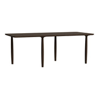 Dark brown rectangular dining table with smooth surface and minimalist design, perfect for modern interiors.
