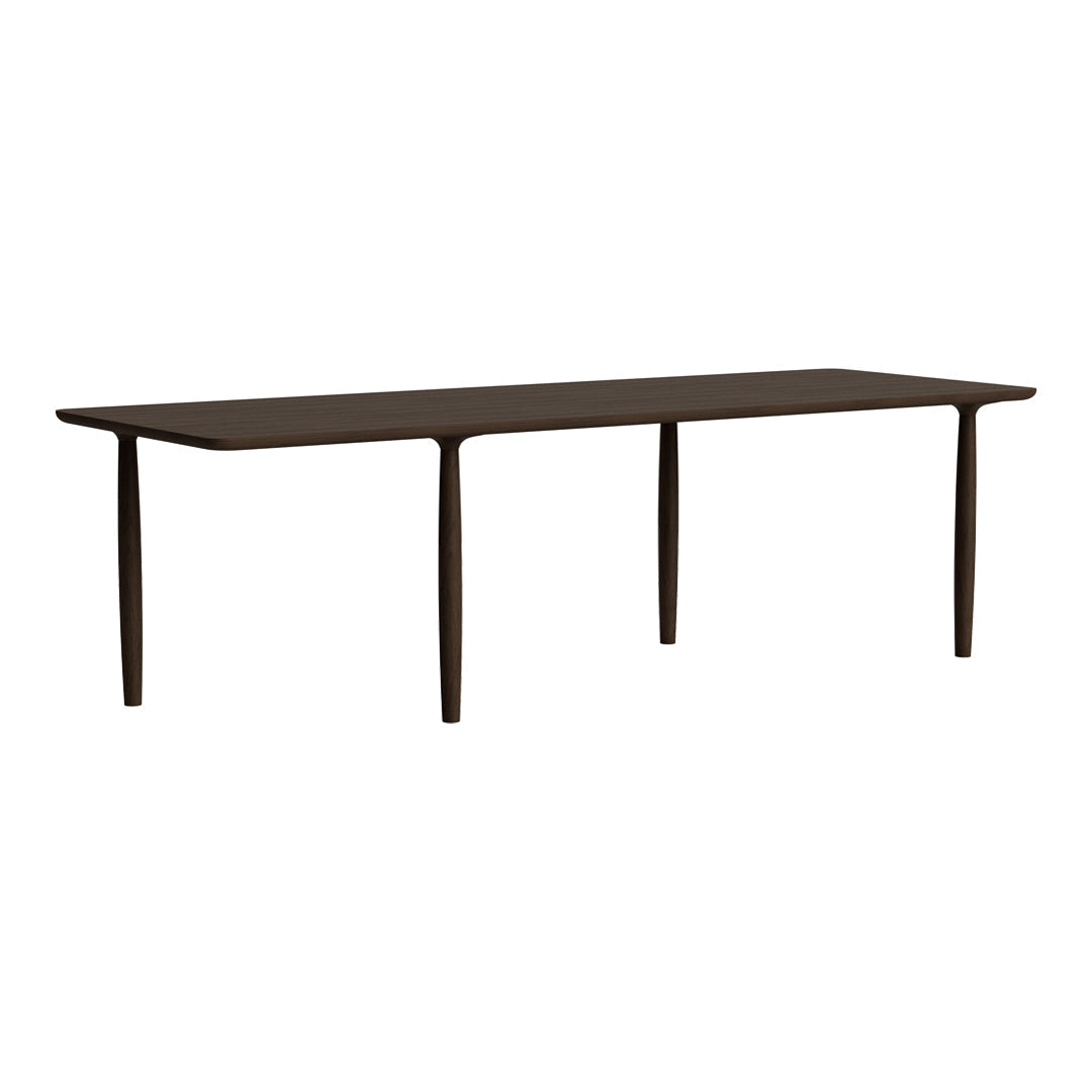 Elegant dark wood dining table with a smooth finish and minimalist design, featuring slender, tapered legs.