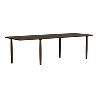 Elegant dark wood dining table with a smooth finish and minimalist design, featuring slender, tapered legs.
