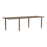 Brown wooden dining table with a smooth rectangular surface and slender tapered legs. Perfect for modern interiors.