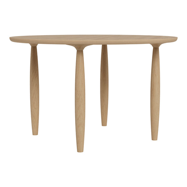 Natural wood round table with smooth grain, featuring sleek, tapered legs in a light beige tone. Minimalist design.