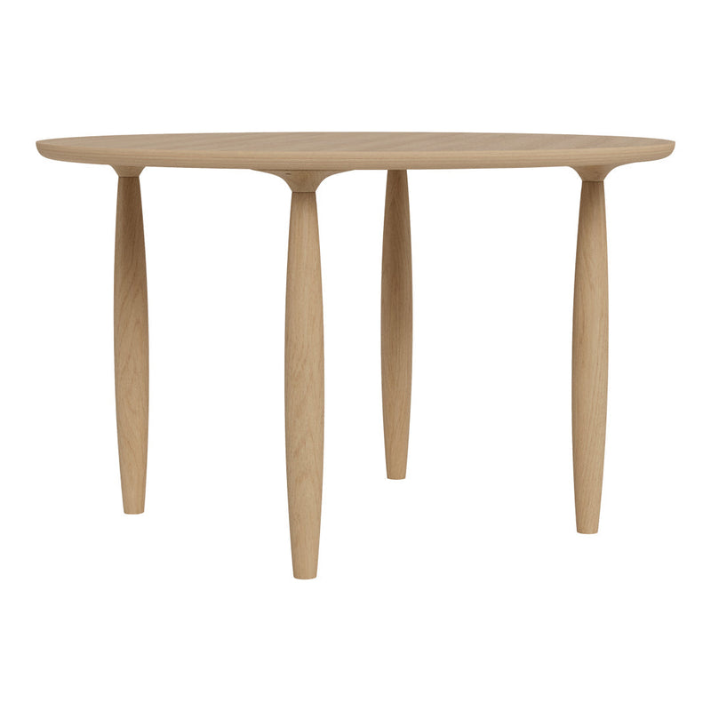 Natural wood round table with smooth grain, featuring sleek, tapered legs in a light beige tone. Minimalist design.