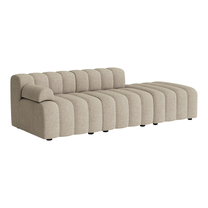 Beige striped sofa with a soft texture and elegant curved design, perfect for modern living spaces.