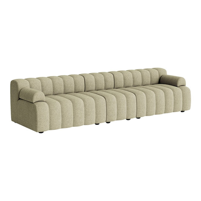 Beige tufted sofa with a sleek, modern design and soft, textured fabric for a stylish living space.