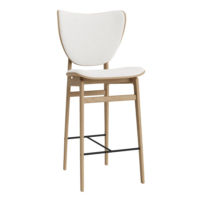 Modern white wooden bar stool with a sleek design and natural wood finish, featuring minimalistic lines and soft curves.