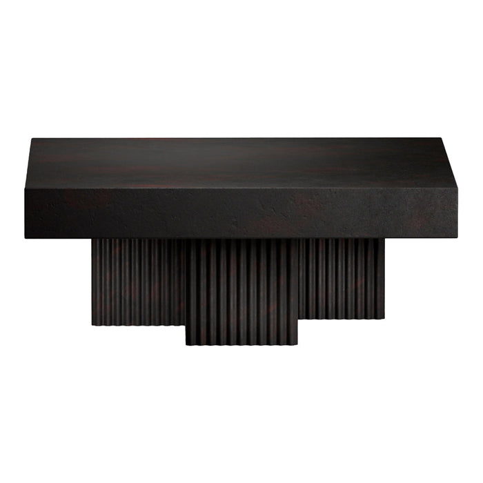 Black rectangular table with textured vertical stripes and a smooth top surface, adding modern elegance to any space.
