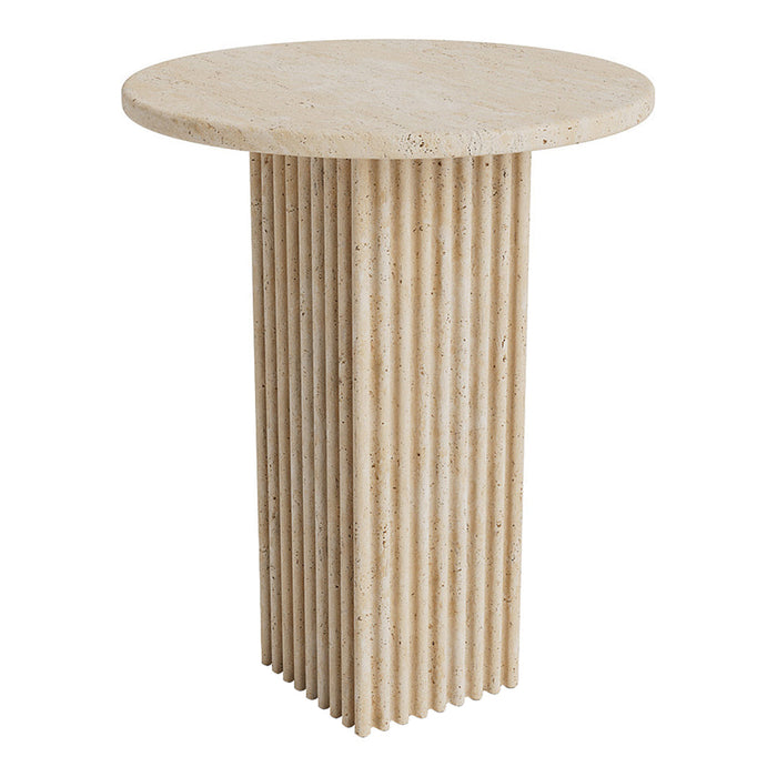 Round beige side table with a textured, ribbed pedestal design. Elegant and modern home decor piece.