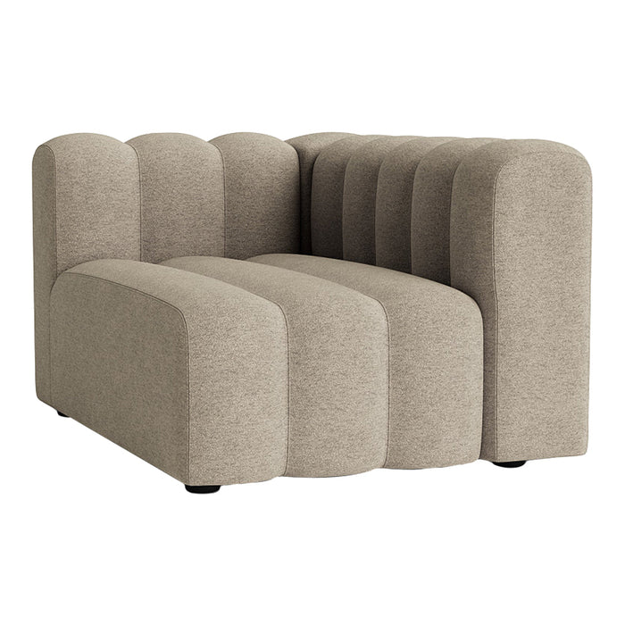 Textured beige corner sofa with a modern, curved design and subtle ribbed detailing. Perfect for contemporary decor.