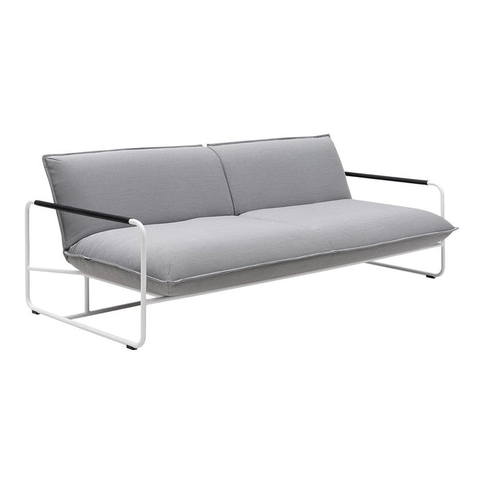 Gray fabric sofa with minimalist black and white metal frame, featuring smooth, clean lines and a modern design.