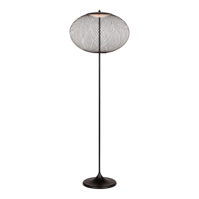 Black metal floor lamp with a woven wire shade in a circular pattern, adding modern elegance to any space.