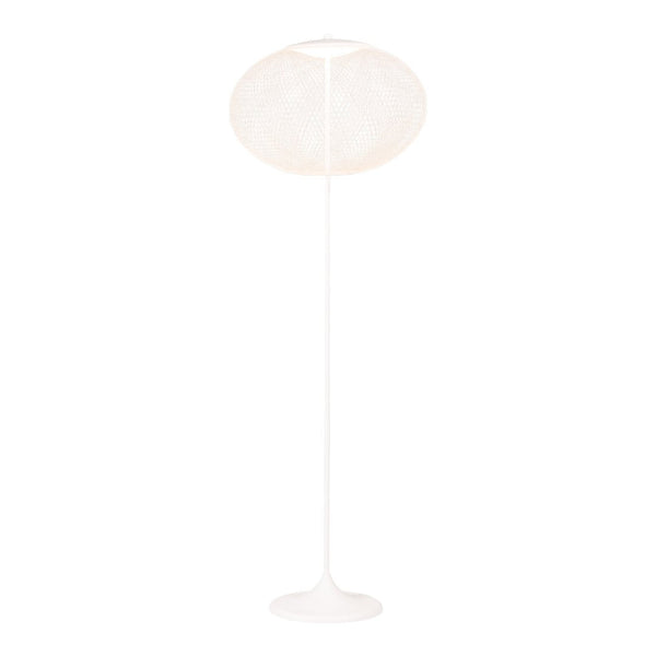 Minimalist floor lamp with a white, round shade and a sleek white stand, creating a soft, modern aesthetic.