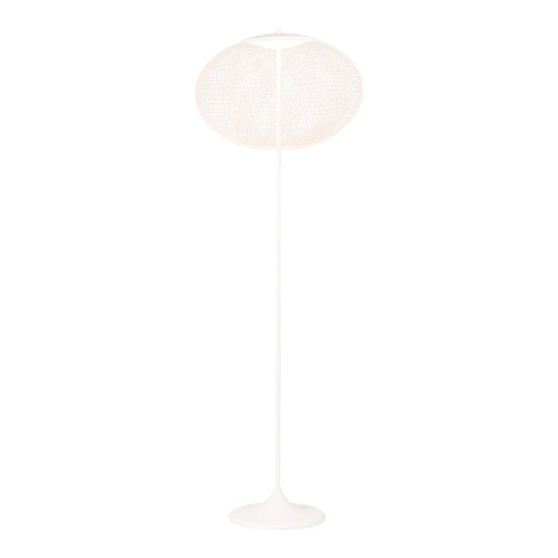 Minimalist floor lamp with a white, round shade and a sleek white stand, creating a soft, modern aesthetic.