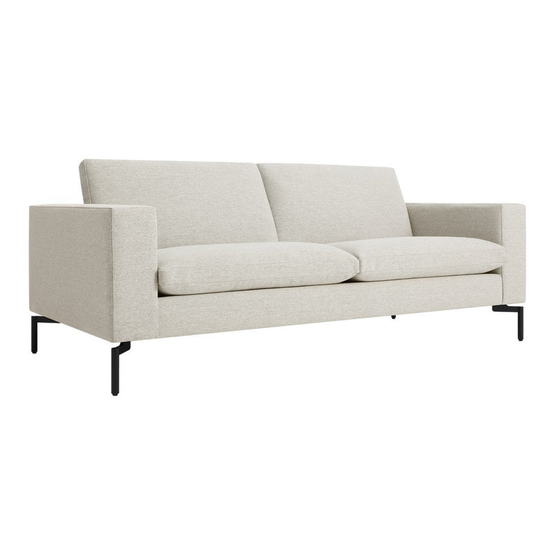 Light beige modern sofa with a textured fabric and sleek black metal legs. Perfect for minimalist decor.