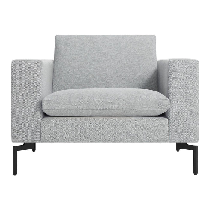 Gray upholstered chair with a sleek, modern design and textured pattern, featuring matte black metal legs.