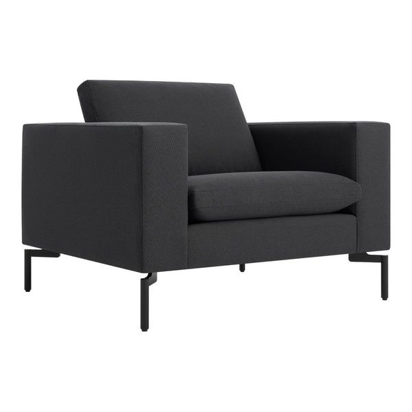 Modern black armchair with a textured upholstery and sleek metal legs, featuring a minimalist design.