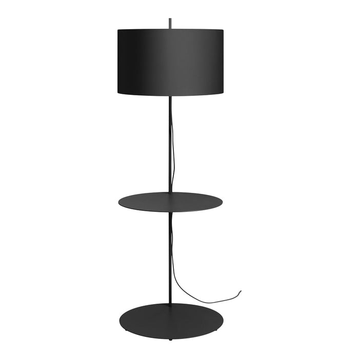 Sleek black floor lamp with a minimalist design, featuring a round shade and circular base for modern decor.