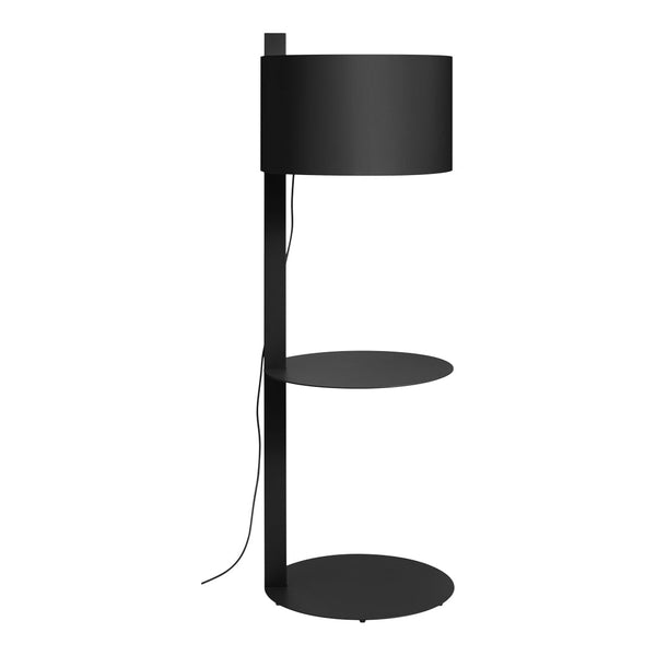 Sleek black floor lamp with a circular base and shade, featuring minimalist design and modern lines.