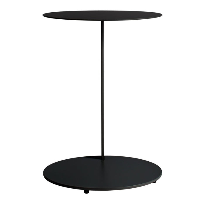 Black round side table with a sleek, minimalist design and smooth surfaces, perfect for modern decor.