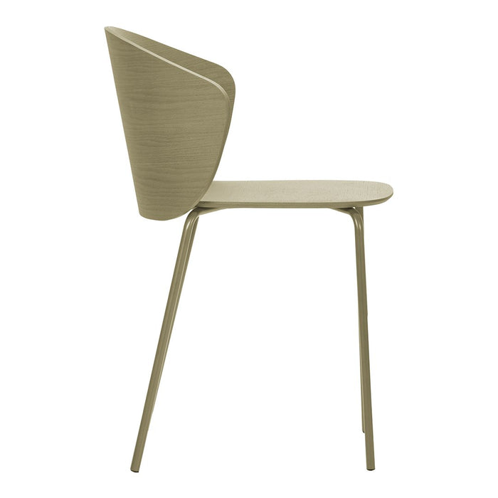 Light olive green chair with a sleek, minimalist design and smooth, curved lines, perfect for modern decor.
