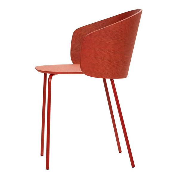 Modern red chair with a sleek design, featuring smooth lines and a minimalist pattern. Perfect for contemporary decor.