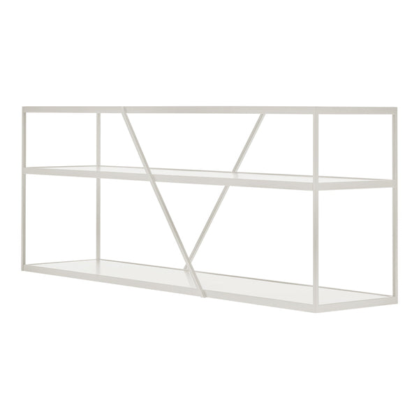 White metal shelving unit with geometric pattern and open design, featuring three distinct shelf levels.