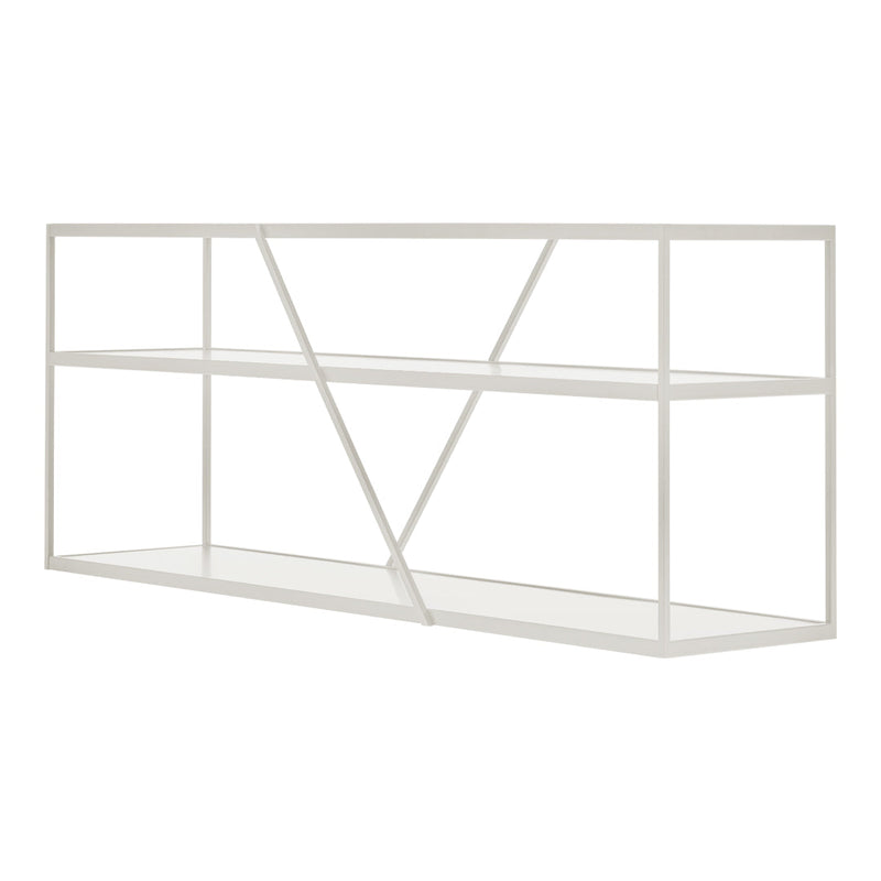 White metal shelving unit with geometric pattern and open design, featuring three distinct shelf levels.