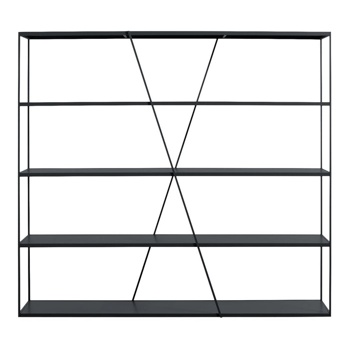 Black metal shelving unit with geometric pattern, featuring open shelves and a minimalist design. Ideal for modern decor.