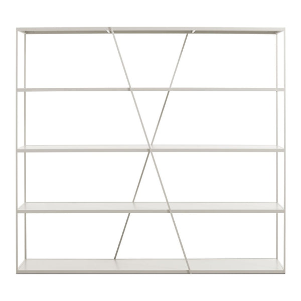 White metal shelving unit with geometric pattern and sleek lines, perfect for modern home decor.