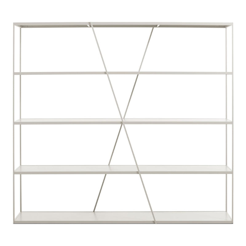 White metal shelving unit with geometric pattern and sleek lines, perfect for modern home decor.