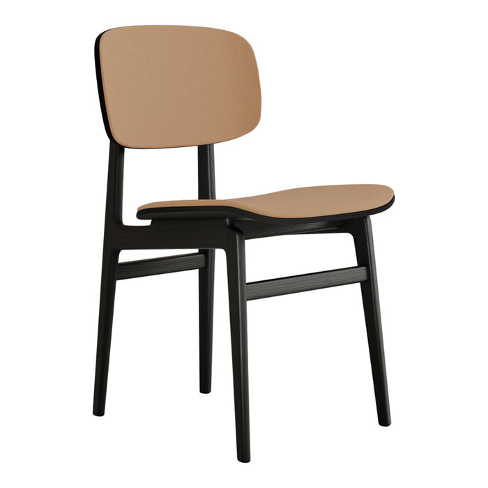 Modern chair featuring a warm beige seat and backrest with a sleek black frame, showcasing a minimalist aesthetic.