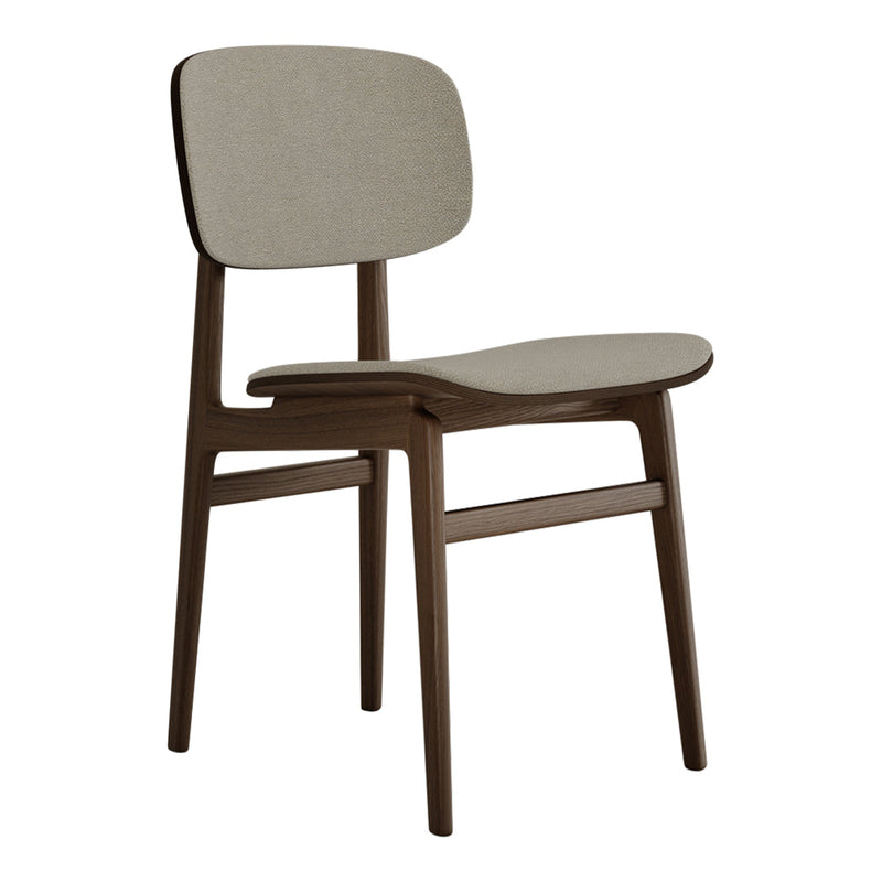 Brown wooden chair with a smooth, light grey upholstered seat and backrest, featuring a minimalist design.
