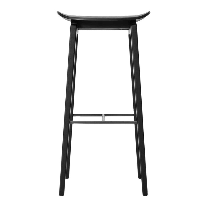 Sleek black bar stool with a minimalist design, featuring clean lines and a smooth, solid surface.