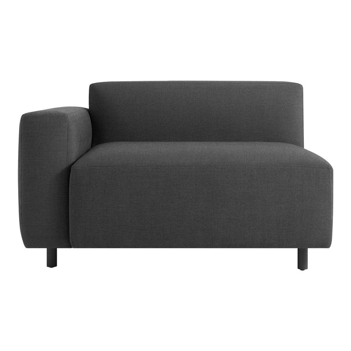 Gray upholstered one-arm sofa with a sleek modern design and minimalist aesthetic. Ideal for contemporary decor.