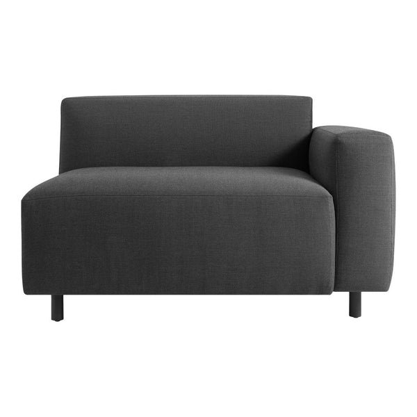 Dark gray upholstered sofa with a minimalist design and sleek lines, perfect for modern interiors.