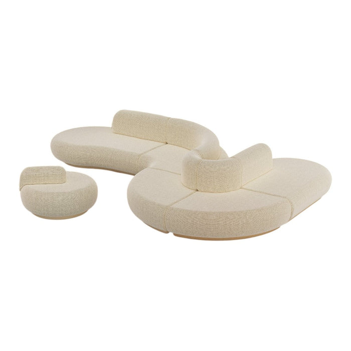 Curved cream-colored lounge seating set with soft, textured fabric and minimalist design.