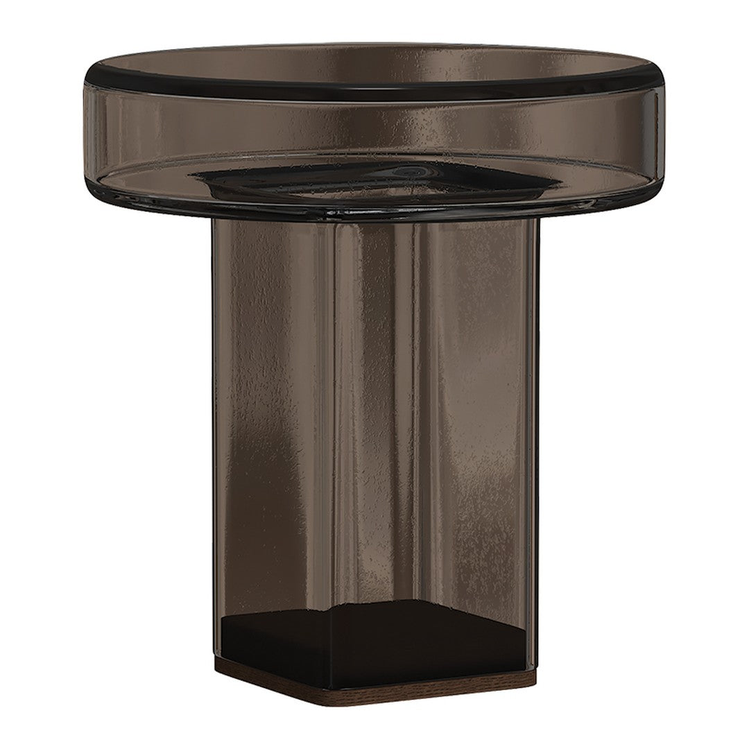Stylish smoky gray glass side table with a sleek black base, featuring smooth, modern lines.