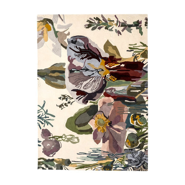 Floral area rug with vibrant purple, green, and yellow patterns on a soft cream background. Ideal for home decor.