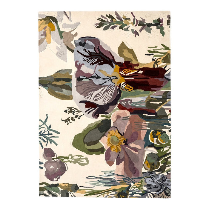 Floral area rug in soft cream, featuring vibrant purples, greens, and hints of yellow with intricate botanical patterns.