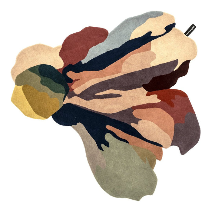 Multi-colored abstract floral design rug featuring earthy tones, soft pastels, and bold dark accents.