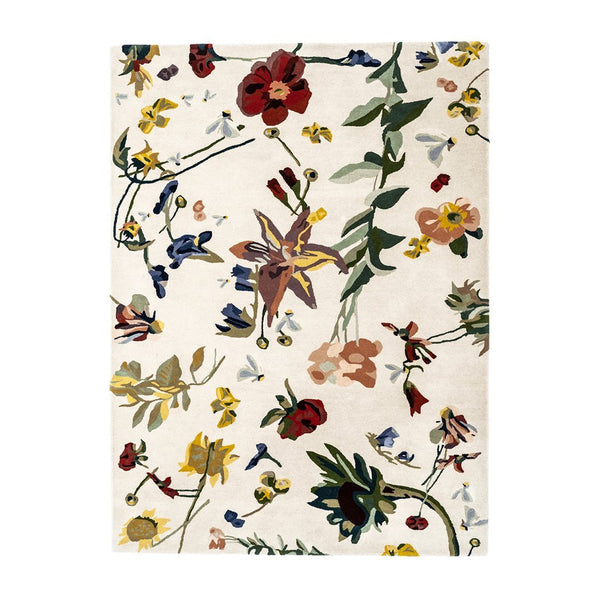 Cream background with vibrant floral patterns in red, yellow, blue, and green accents. Perfect for brightening any space.