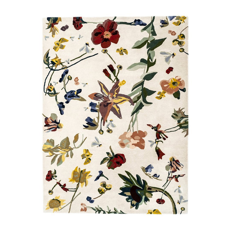 Cream background with vibrant floral patterns in red, yellow, blue, and green accents. Perfect for brightening any space.