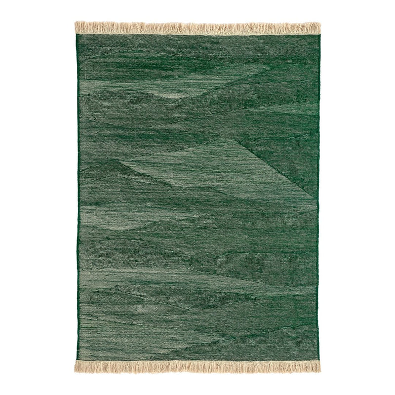 Green patterned rug with subtle variations in hues and a beige fringe border. Ideal for stylish home decor.