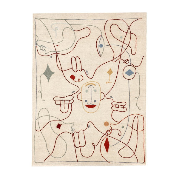 Colorful abstract rug featuring red, blue, and beige patterns with playful designs and intricate lines.