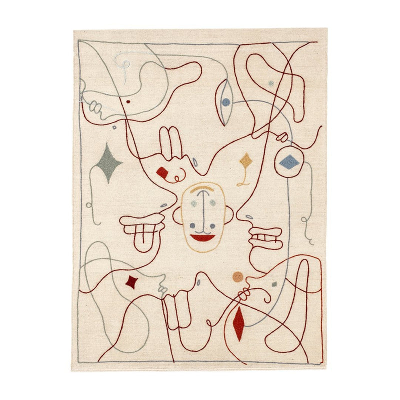 Colorful abstract rug featuring red, blue, and beige patterns with playful designs and intricate lines.