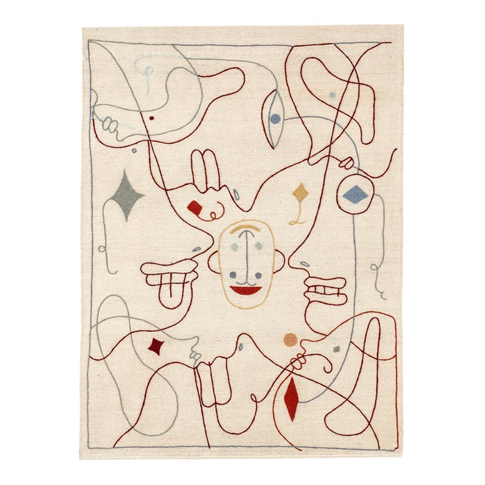 Beige area rug with abstract red, blue, and yellow patterns featuring playful, whimsical shapes and lines.