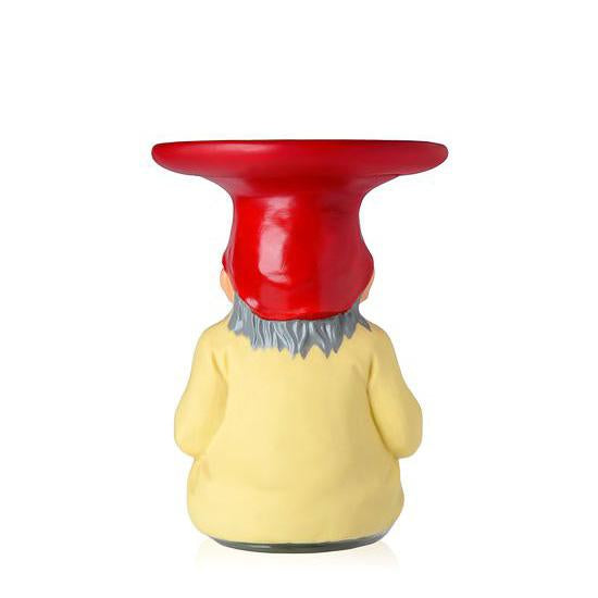 Red hat and yellow robe gnome figurine with gray hair, featuring a glossy finish. Ideal for garden decoration.