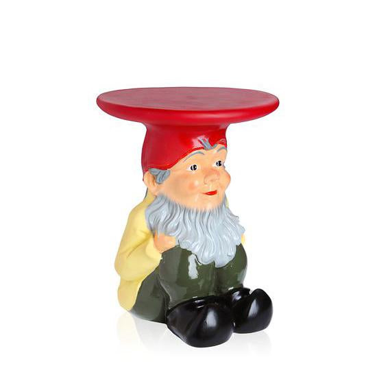Colorful gnome-shaped side table with a red top, yellow shirt, and green pants, featuring a playful design.